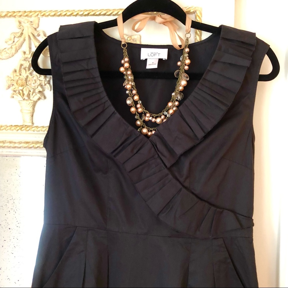 Loft Black Ruffle Neck Dress size 8